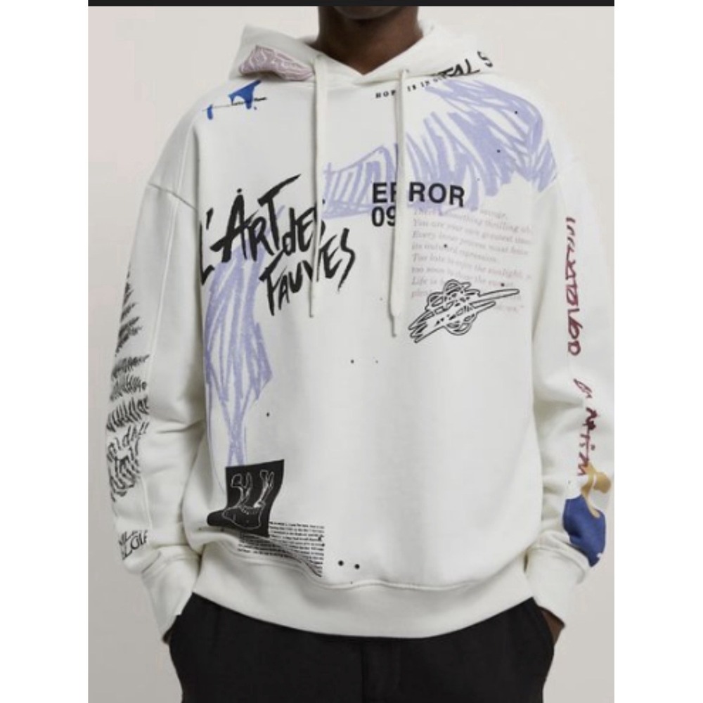 Zara White Art‎ Design Unisex Lightweight Hoodie Size XL Pre-Owned